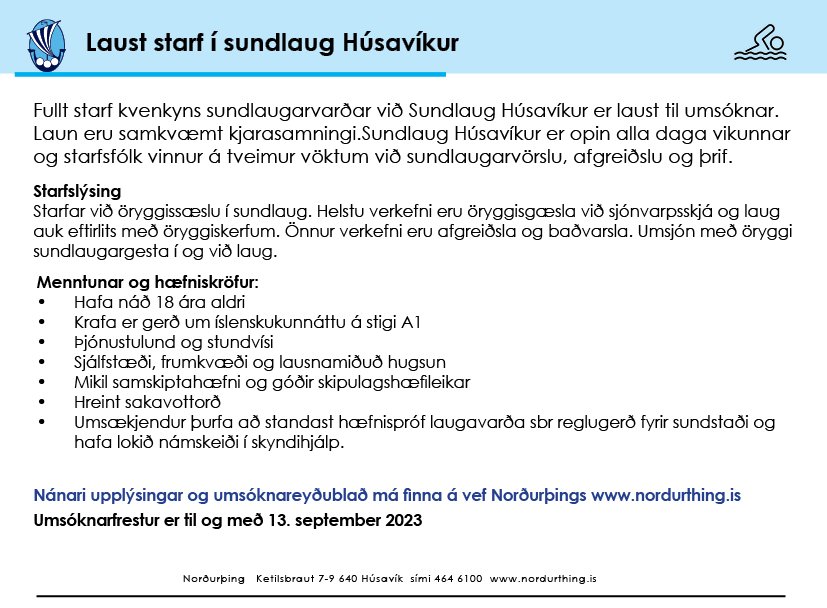 Laust starf í sundlaug Húsavíkur