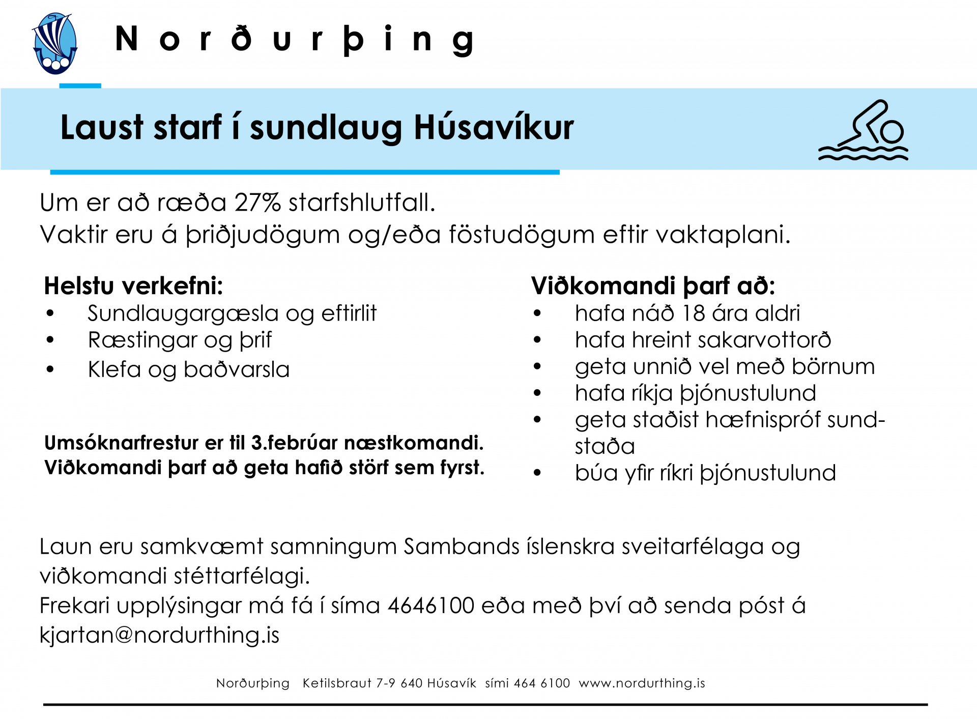 Laust starf í sundlaug Húsavíkur