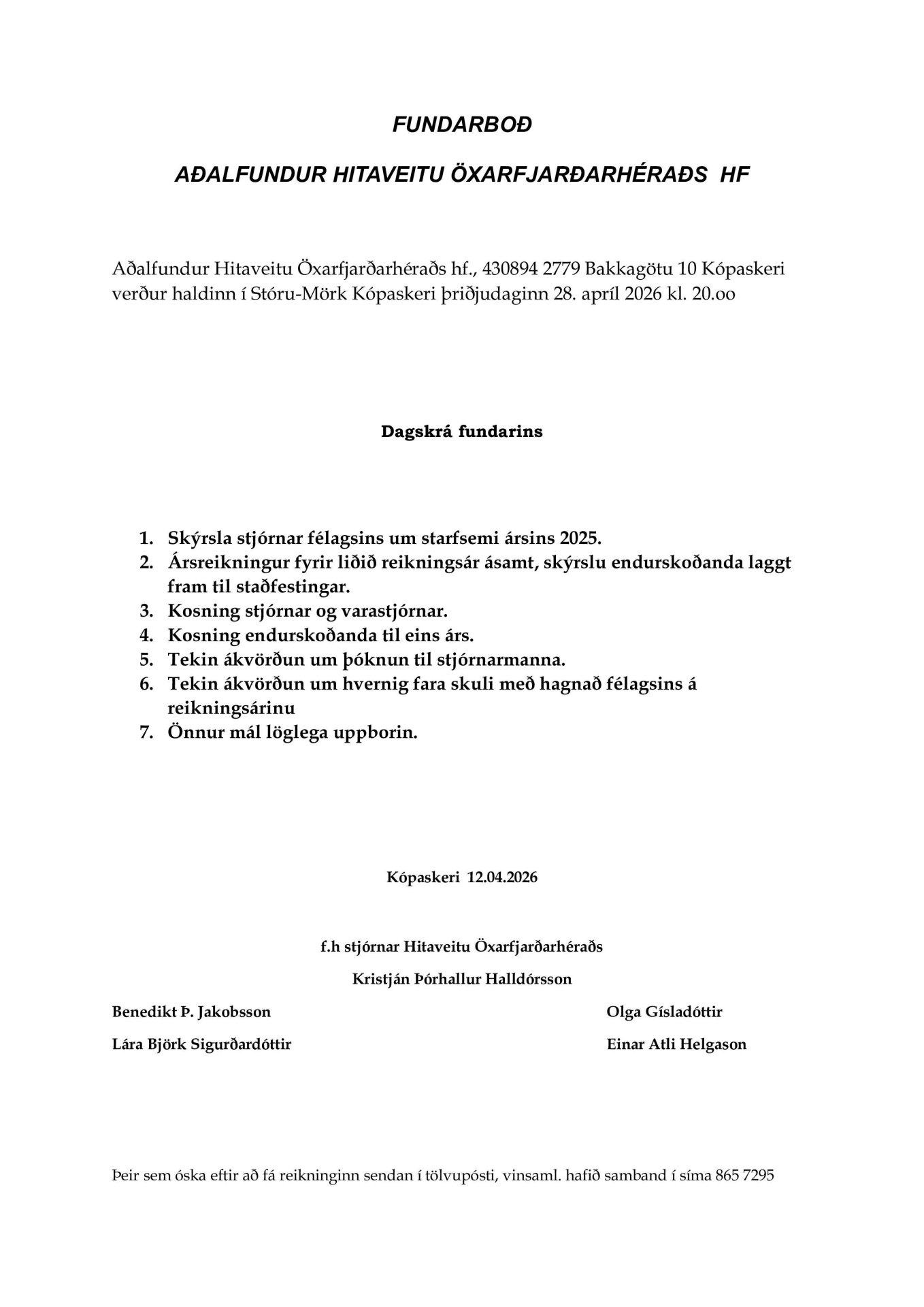 Aðalfundur Hitaveitu Öxarfjarðarhéraðs hf. 2026