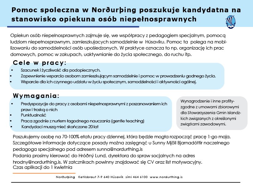 Pomoc spoleczna w Norðurþing poszukuje kandydatna na stanowisko opiekuna osób niepełnosprawnych