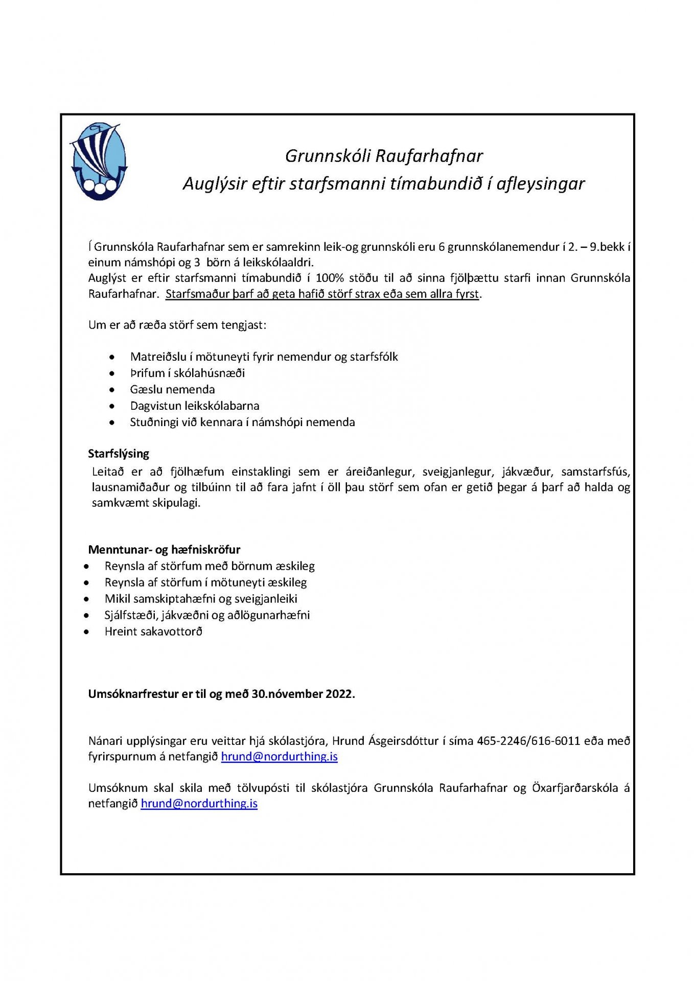 Grunnskóli Raufarhafnar auglýsir eftir starfsmanni tímabundið í afleysingar