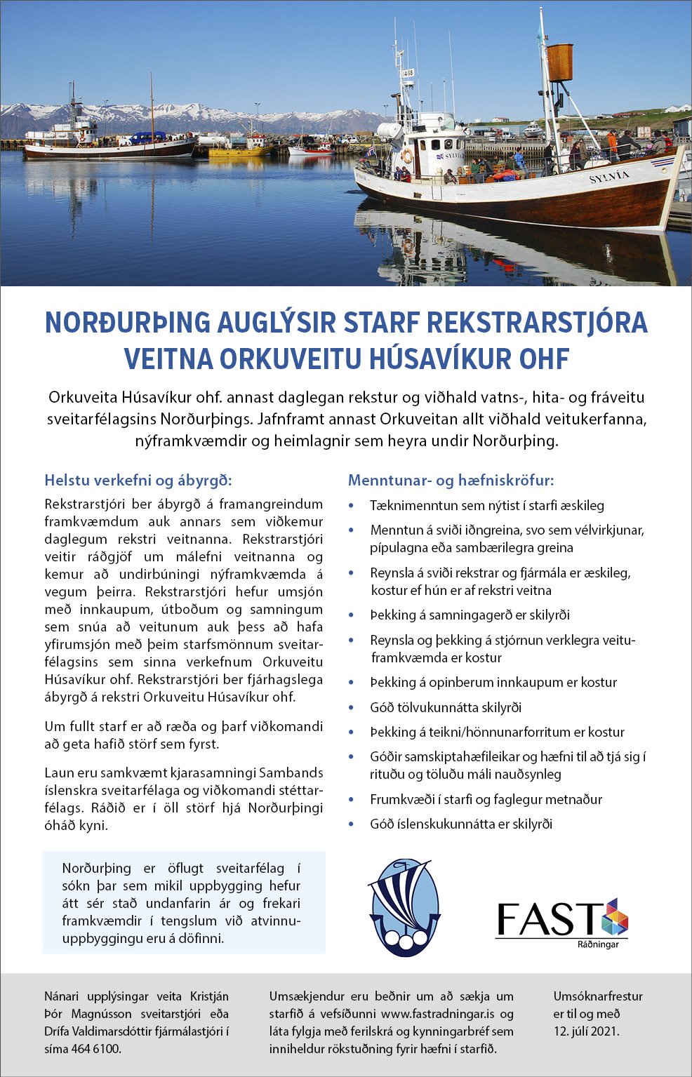 Norðurþing auglýsir starf rekstrarstjóra veitna Orkuveitu Húsavíkur Ohf.