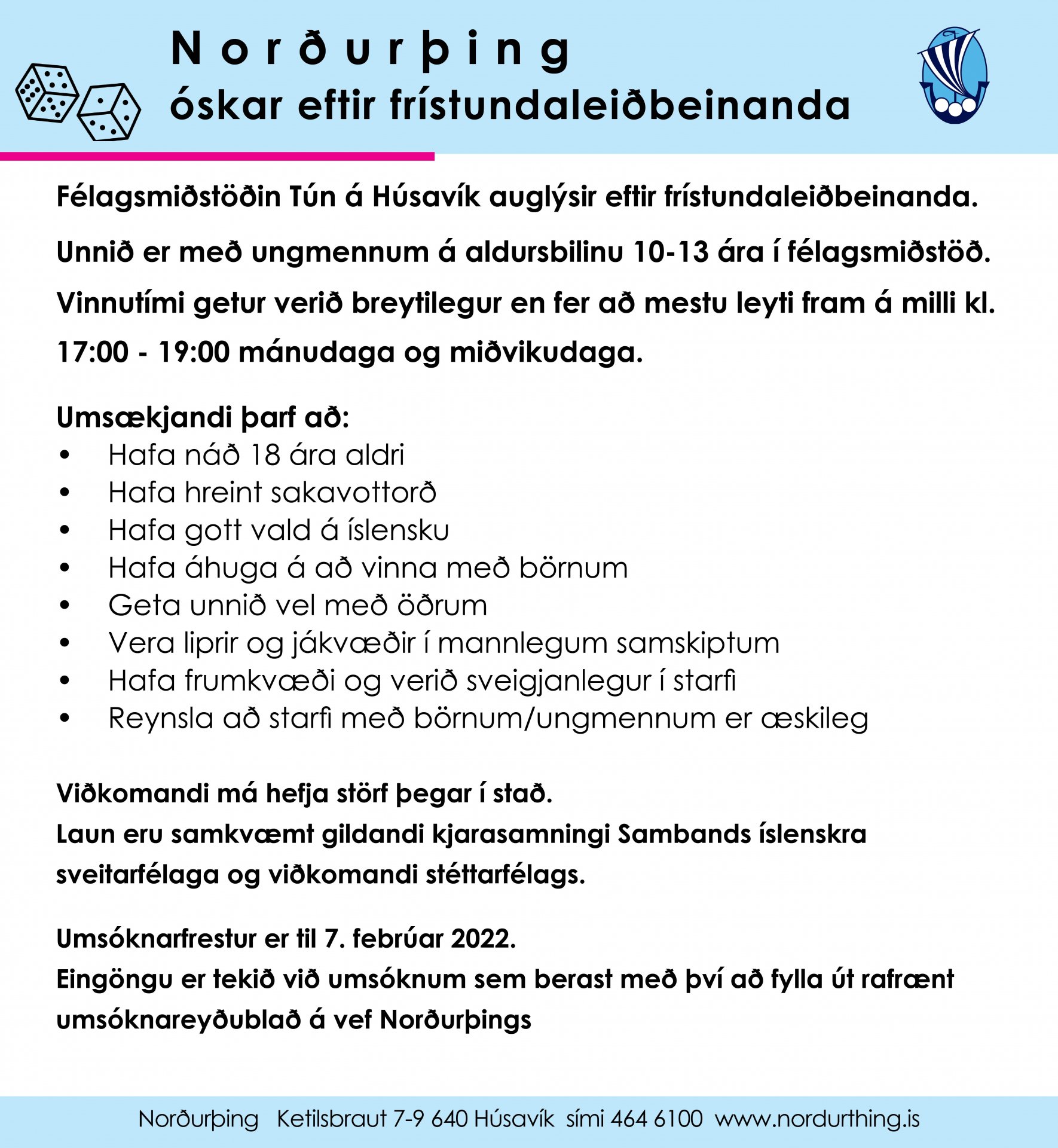 Norðurþing óskar eftir frístundaleiðbeinanda