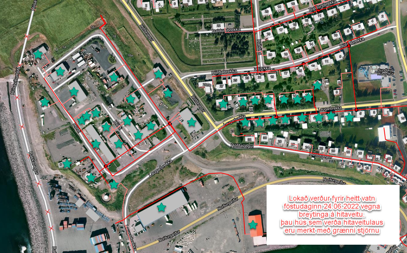 Lokað fyrir heitt vatn í Laugarbrekku og svæði kringum Höfða