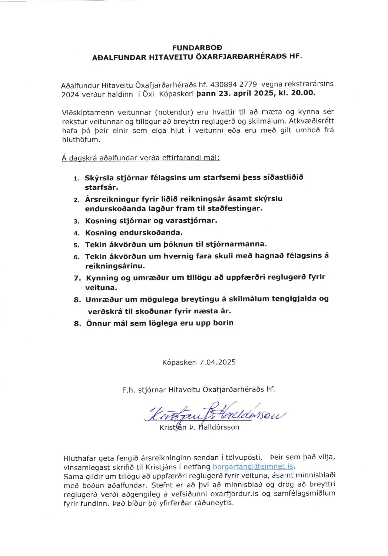 Fundarboð aðalfundar Hitaveitu Öxarfjarðarhéraðs HF.