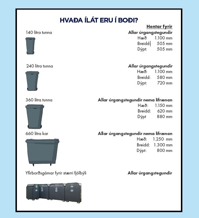 Hér má sjá ílát sem í boði eru
