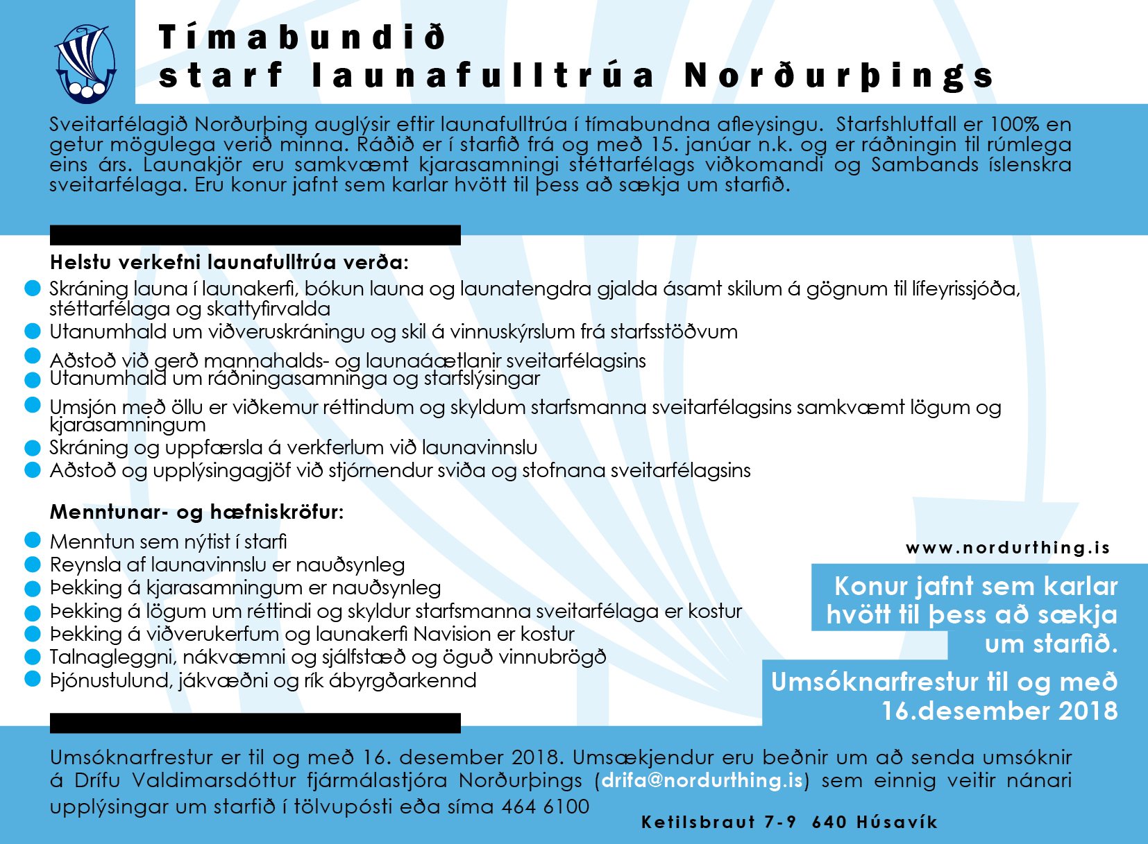 Tímabundið starf launafulltrúa hjá Norðurþingi