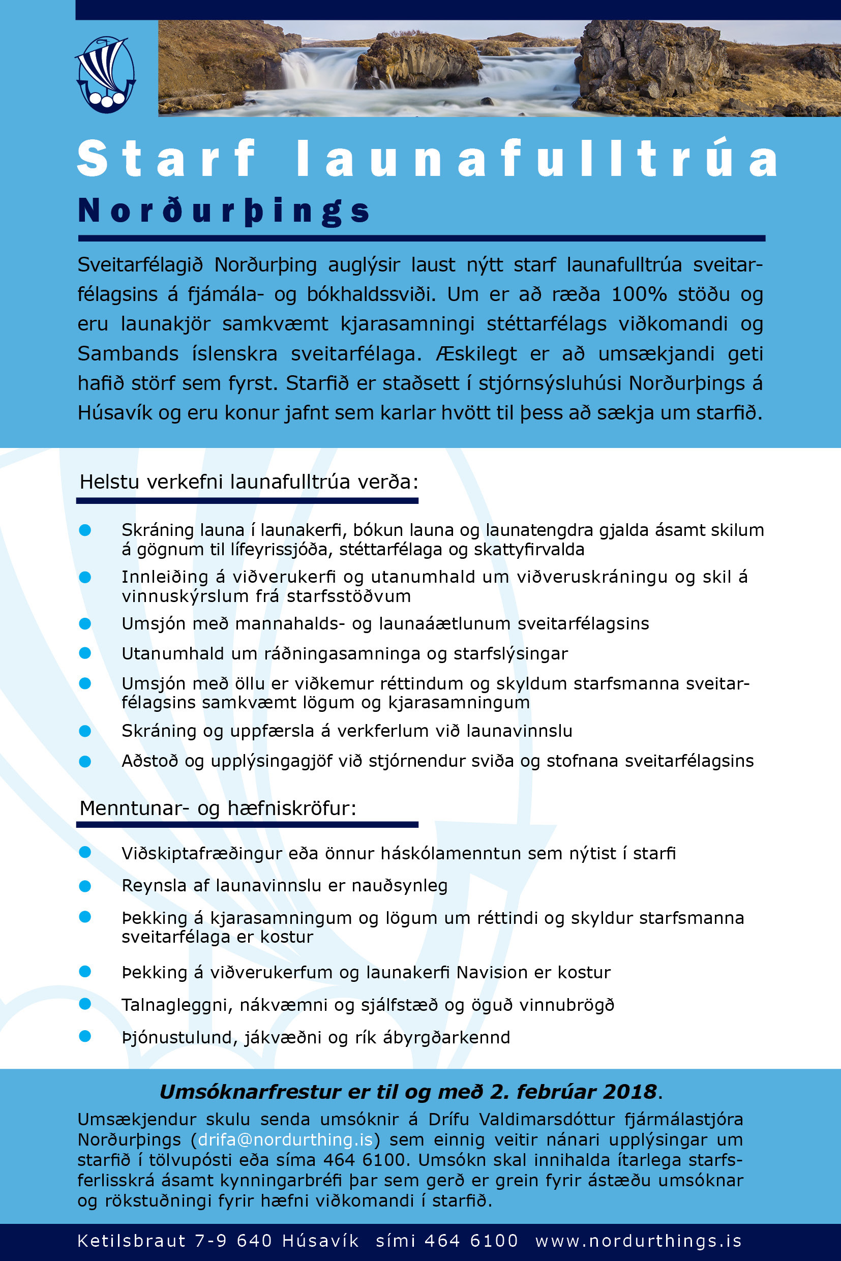 Norðurþing auglýsir nýtt starf launafulltrúa sveitarfélagsins á fjármála- og bókhaldssviði