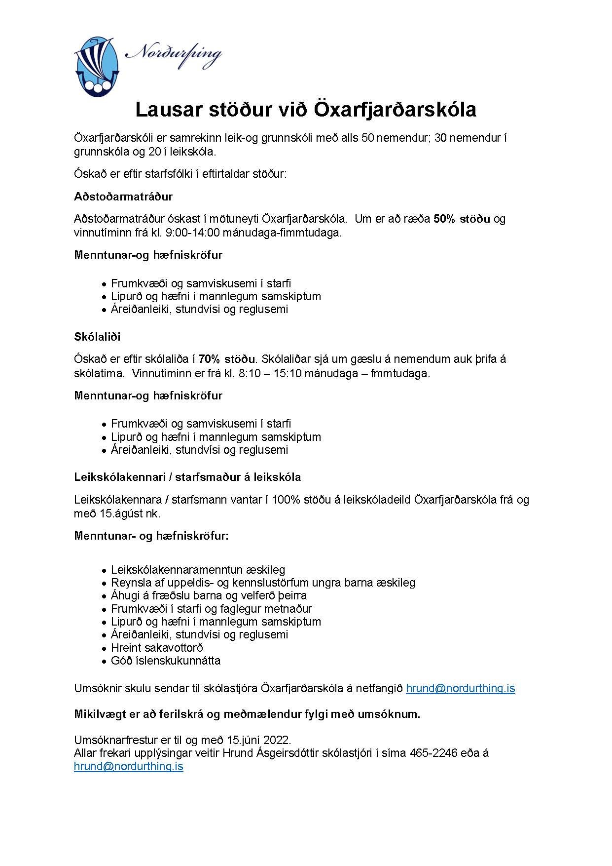 Lausar kennarastöður við Öxarfjarðarskóla