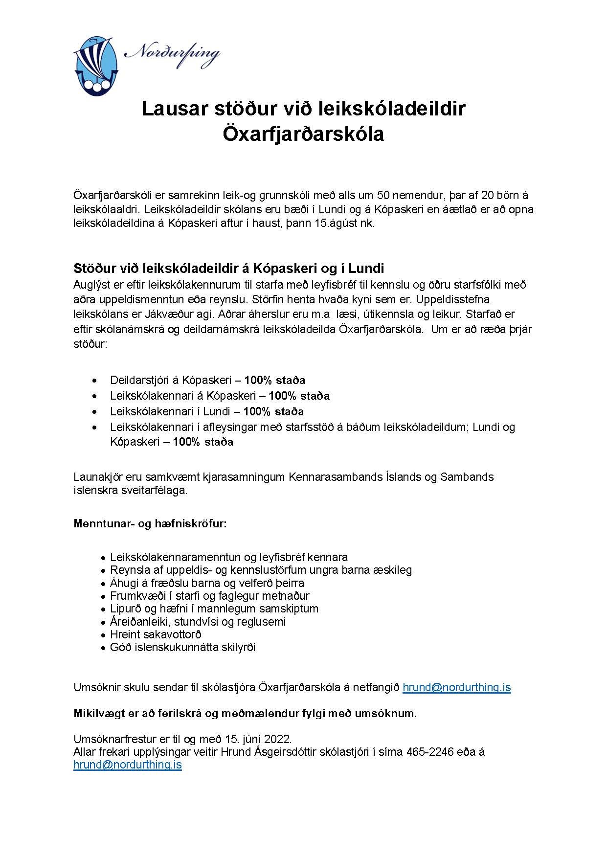 Lausar stöður við leikskóladeildir Öxarfjarðarskóla