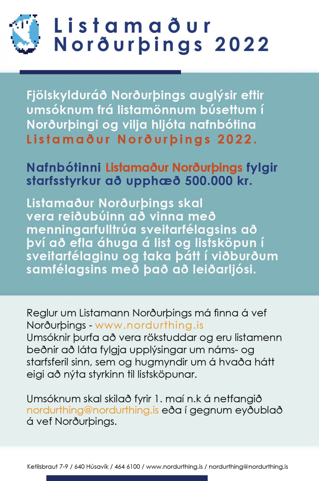 Listamaður Norðurþings 2022 / Artist of Norðurþing 2022 - framlengdur umsóknarfrestur