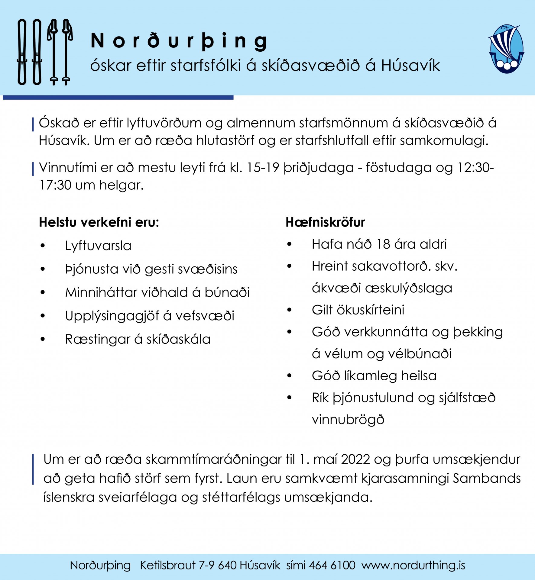 Norðurþing óskar eftir starfsfólki á skíðasvæði