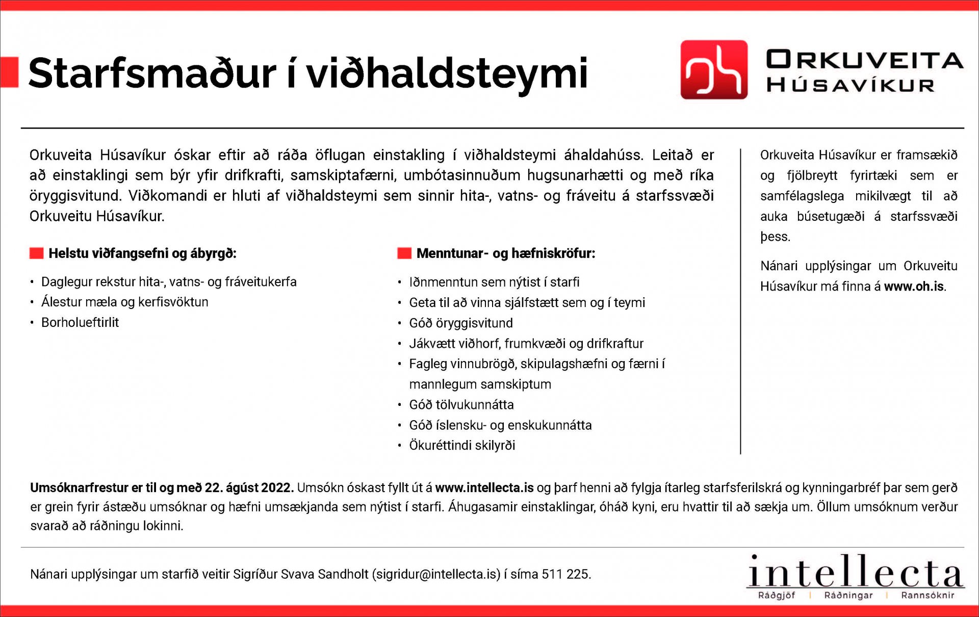 Óskað eftir starfsmanni í viðhaldsteymi Orkuveitu Húsavíkur