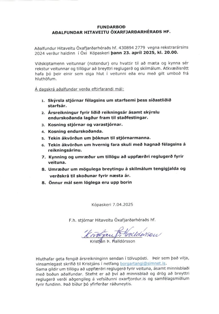 Fundarboð aðalfundar Hitaveitu Öxarfjarðarhéraðs HF.