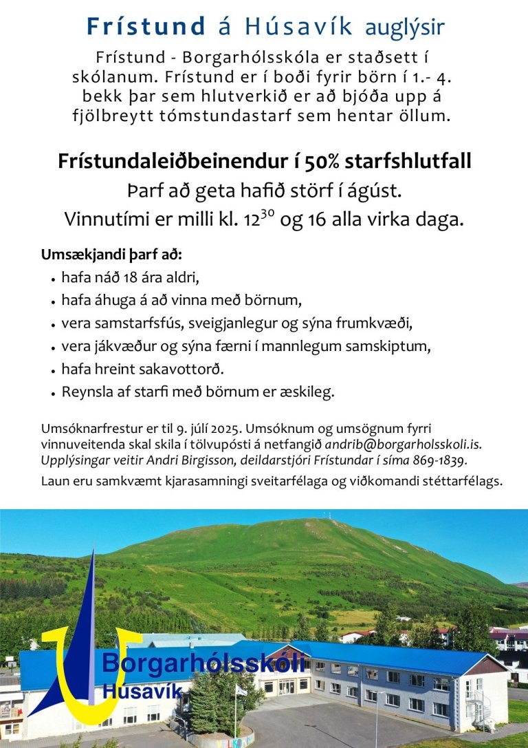 Frístund á Húsavík auglýsir eftir frístundaleiðbeinendum í 50% starfshlutfall