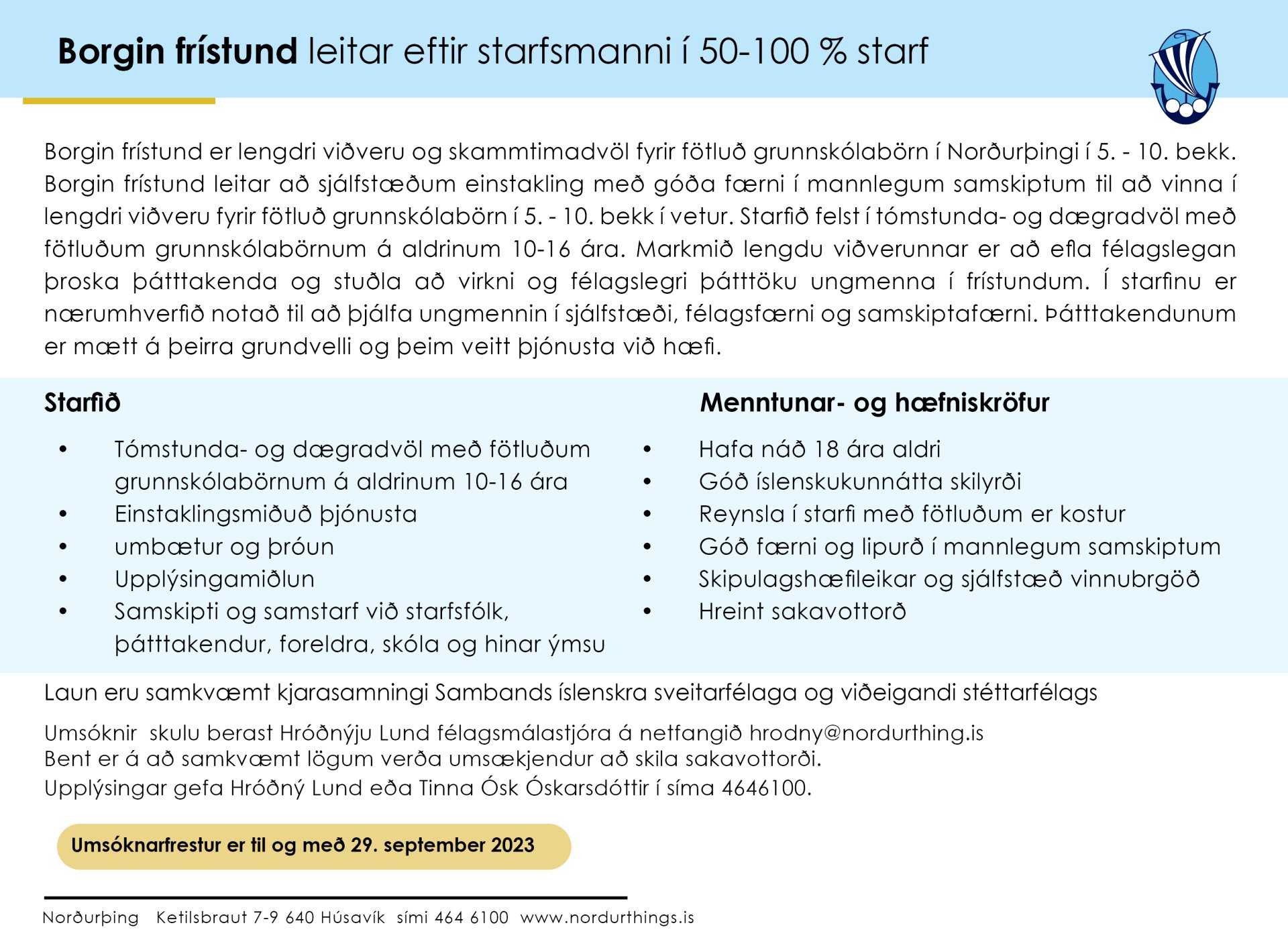 Borgin frístund leitar eftir starfsmanni í 50-100 % starf