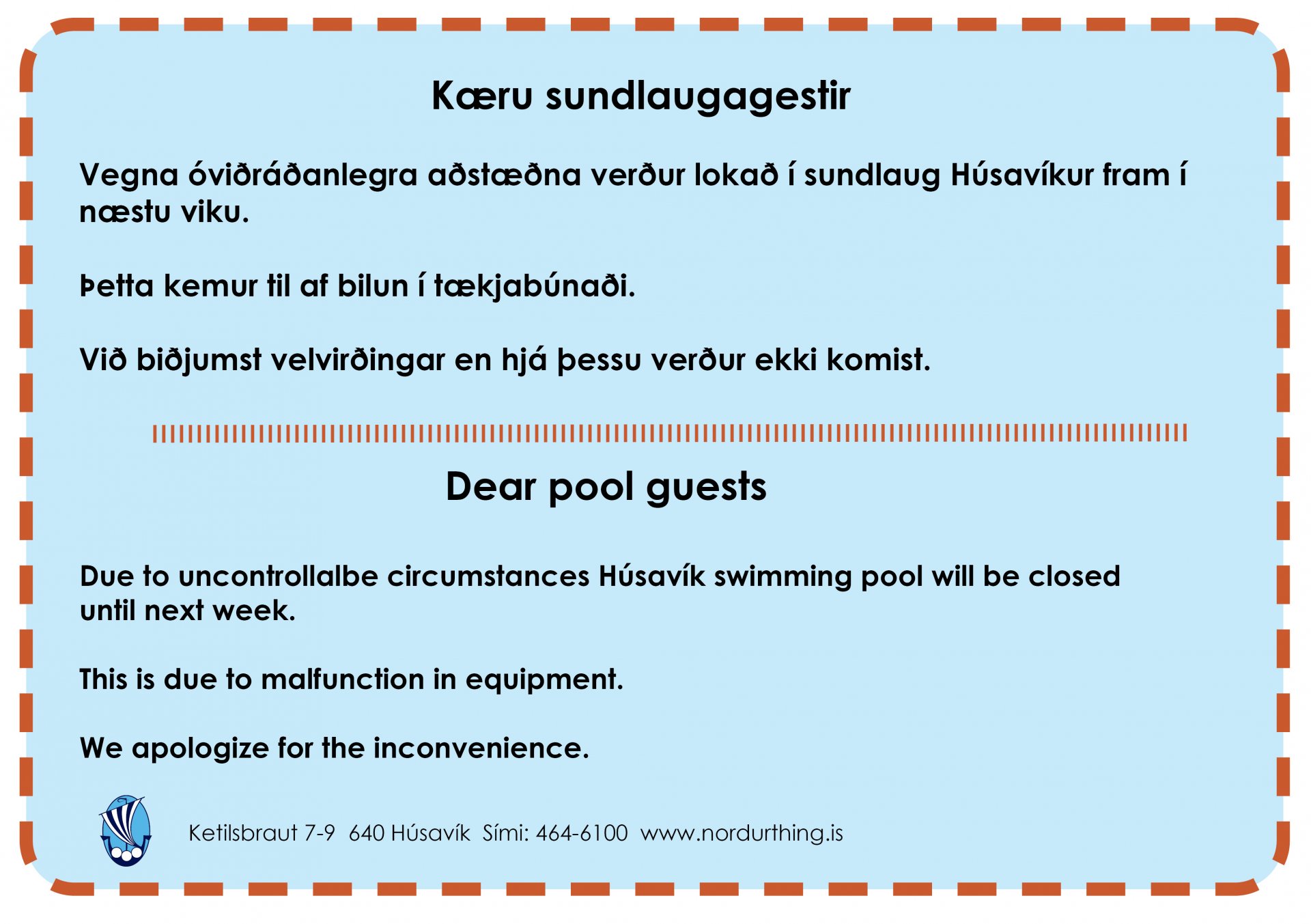 Lokað í sundlaug Húsavíkur