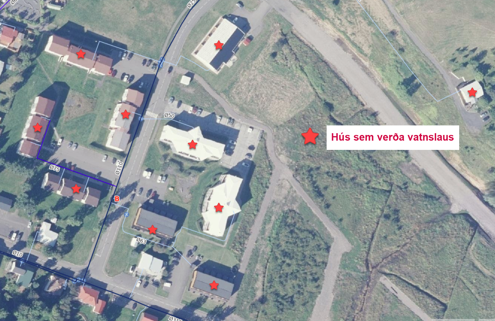 Rauðar stjörnur sýna þau hús sem verða vatnslaus á meðan framkvæmdum stendur.