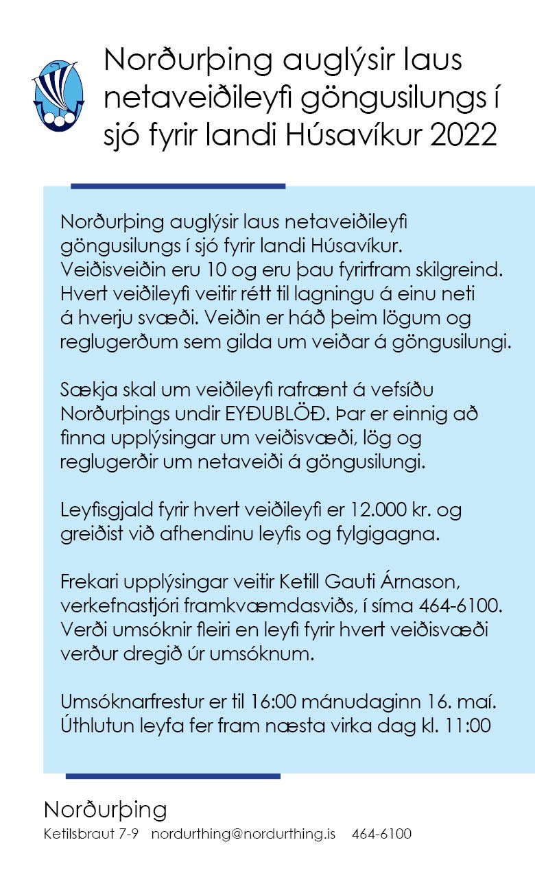 Netaveiðileyfi göngusilungs í sjó fyrir landi Húsavíkur 2022