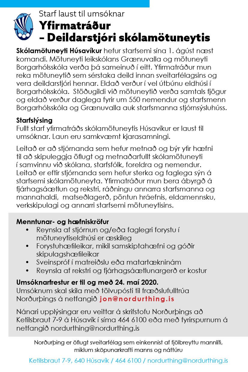 Yfirmatráður - Deildarstjóri skólamötuneytis
